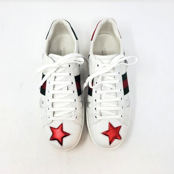 Gucci Ace Metallic Star Sneakers Shoes White Leather 454562 Size 37.5 / US 7.5 - Picture 2 of 10